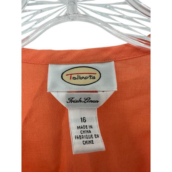 Talbots Irish Linen Blouse 16 Plus Orange Lagenlook Button Up Coastal Grandma - Picture 2 of 12